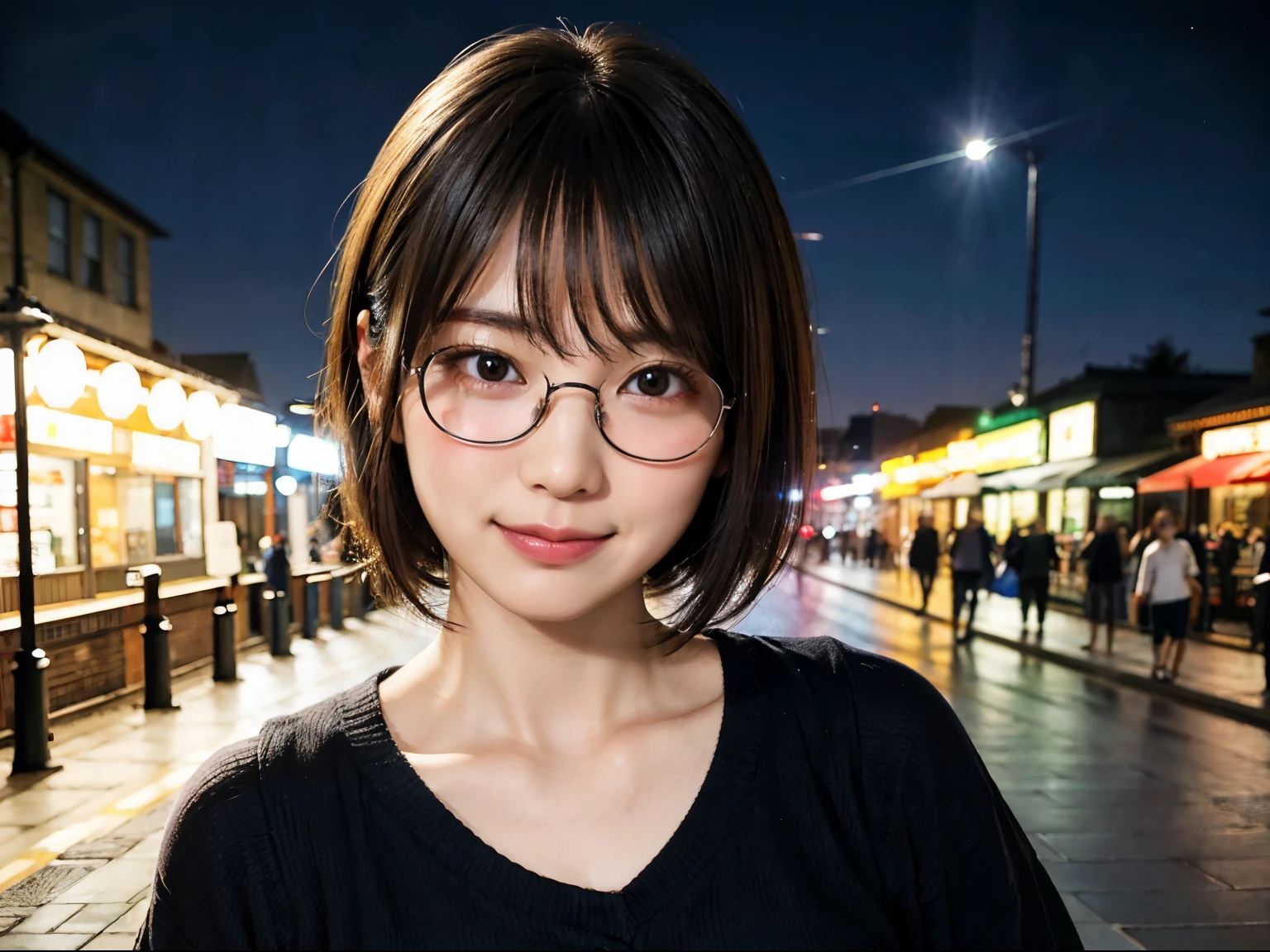 Japanese woman in casual clothes on a street corner in Tokyo at night、Wearing black-rimmed glasses、Looking at the audience、(highest quality、masterpiece)))、High resolution、Very detailed、masterpiece、Cinema Lighting、(8k、highest quality、masterpiece:1.2)、(Realistic、Photorealistic:1.37) High Resolution、Super Detail、Asian, cute, cute顔, solo, short hair1.2, Textured skin, Beautifully detailed night sky, Night view、Cinema Lighting, Depth of written boundary, Lens flare light、(Upper body:0.5)、Date、(Blushing your nose)、(Laughter:1.15)、(Mouth closed)Small breasts、Beautifully detailed eyes、(sweater:1.1)、(short hair:1.2)、Floating Hair Nova Frog Style