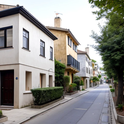 a street with several modernist style Jewish houses, busy streets.