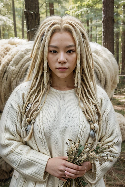 albino-Asian model, thick, wild, giant albino-beige wool dreadlocks. very large, thick, beige woolly sheep’s clothes. surrounded by sheep and Big wool trees. Everything is made out of sheep’s wool. Model matches the sheep.