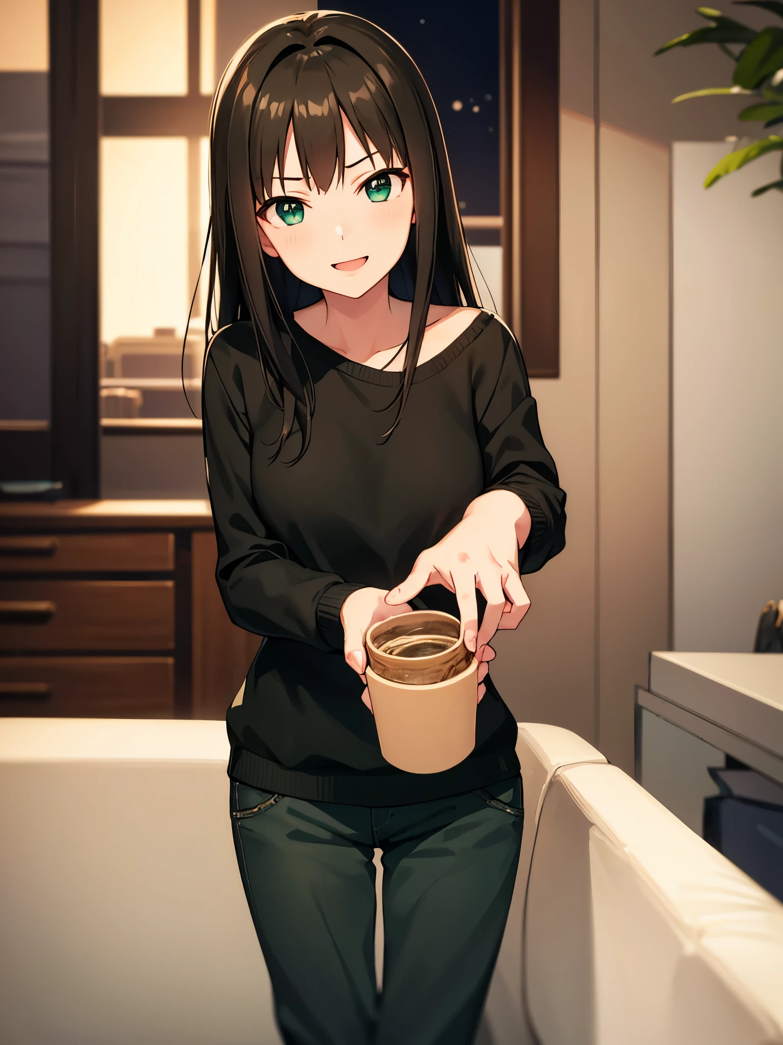 rin shibuya、1 girl, Mature Woman, Green Eyes、Long black hair、Casual clothing、Blue sweater、Long trousers、laugh a lot、Big smile, highest quality, hire, Detailed face, Coastal、 Living room at home、 Detailed Background, Written boundary depth, Bokeh