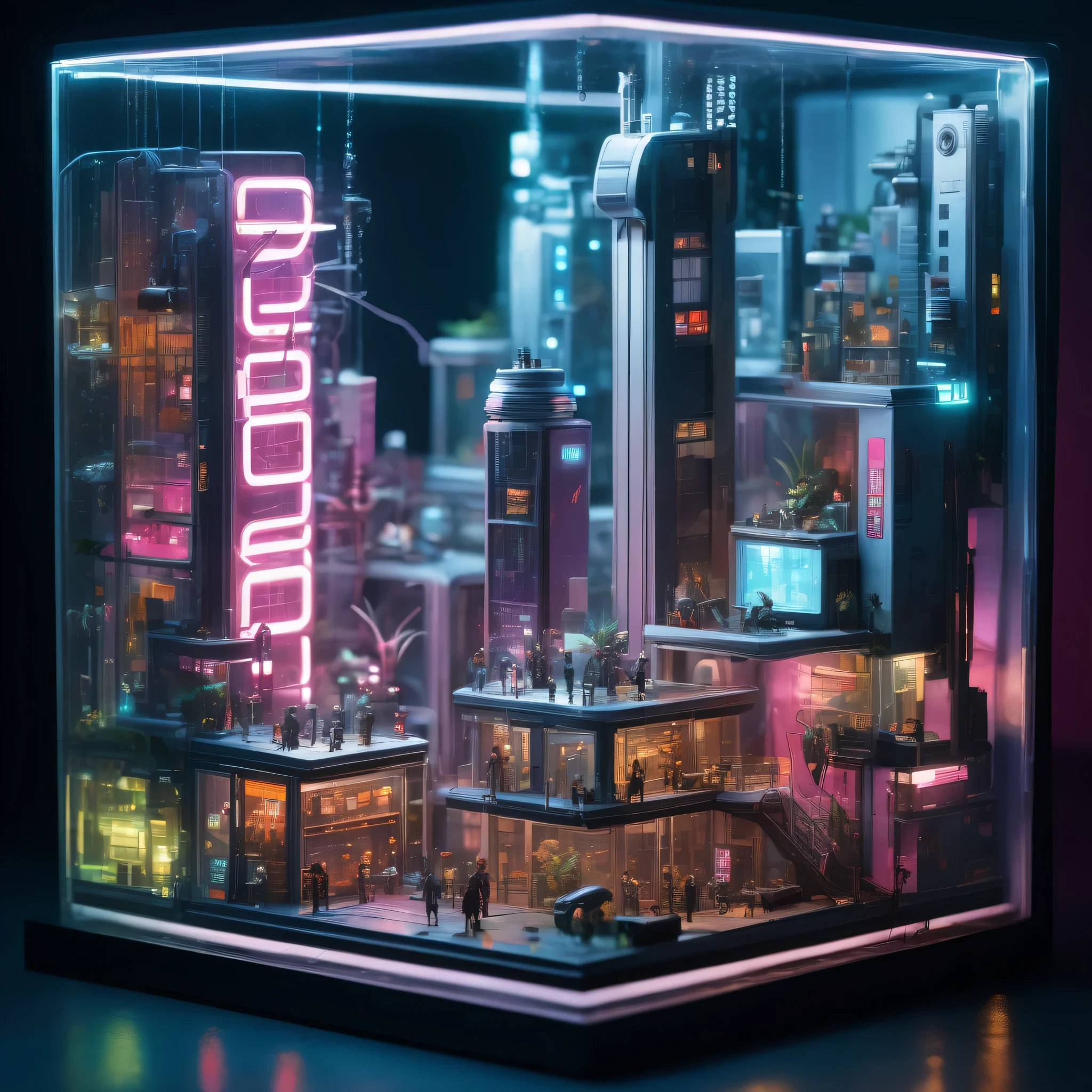 A cyberpunk city in a glass enclosure,  isometric style, miniature scenes,miniatur woman wearing cyberpunk fashion.