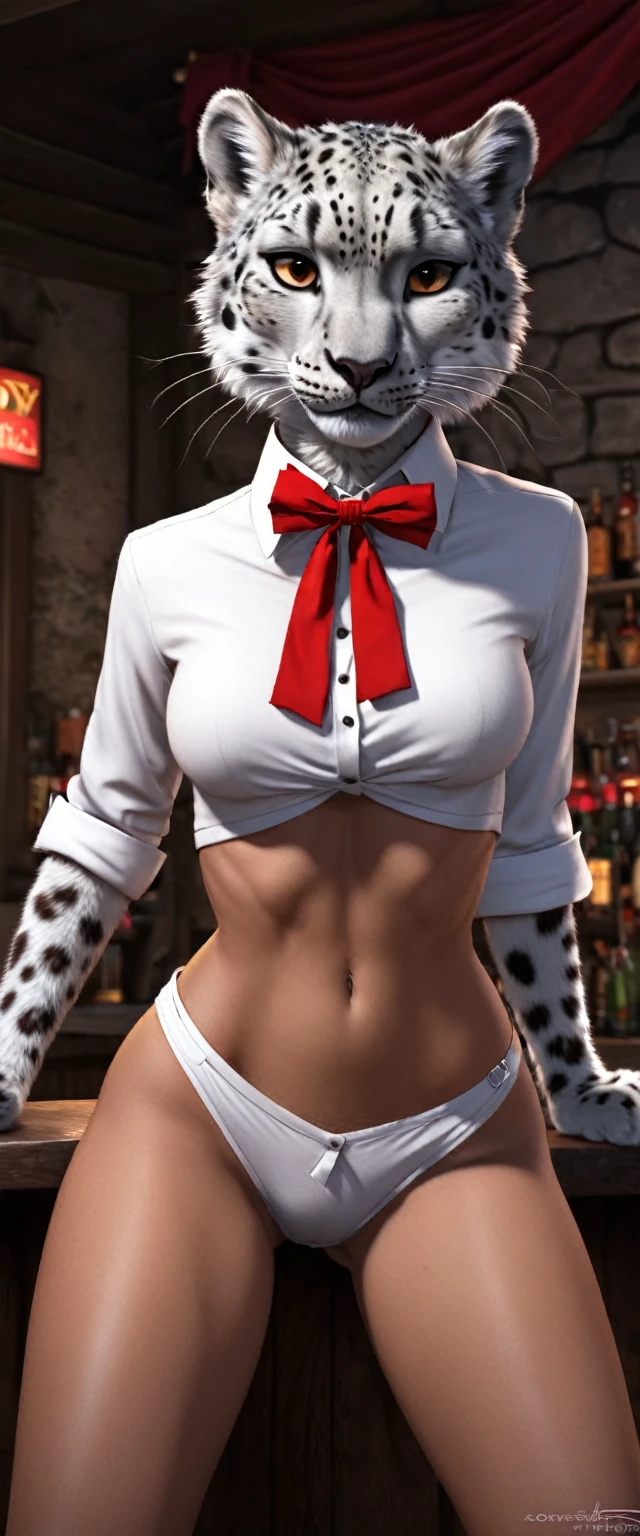 top quality, best quality, High-quality illustrations, masterpiece, super high resolution, detailed background, snow leopard female bartender, (kemono, furry anthro), light fur, medium breasts, sitting on the bar, tight white button shirt, red bow tie, white cotton panties, bar, cocktail, absurdres(highly detailed beautiful face and eyes)perfect anatomy, expression, good lighting, cinematic shadow, assorted happy poses, dynamic angle,