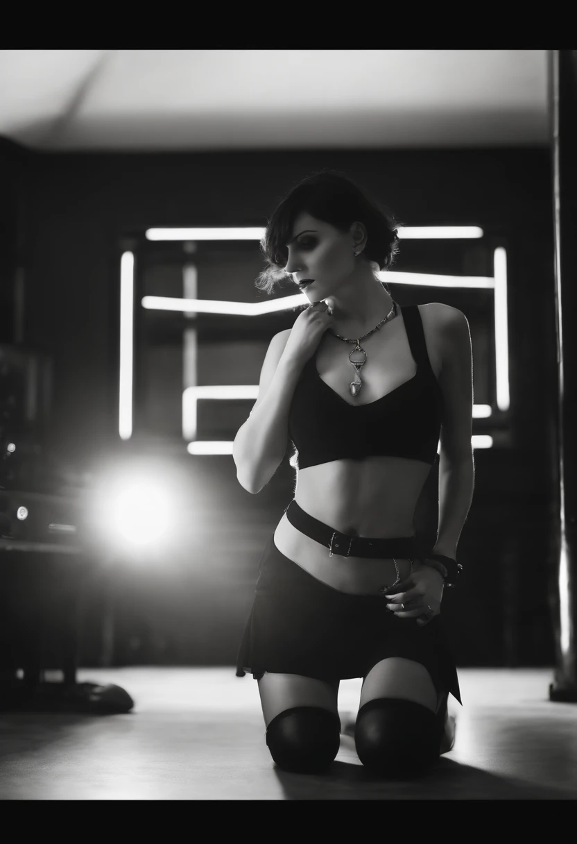 Female, pale, goth, dark, room, computer, holographic, neon, screens, lights, nsfw, short skirt, c cup breasts, on knees, leash, collar, sucking cock