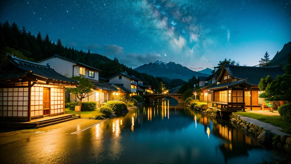 Landscape painting、Japanese village scenery、Photo Style、night、