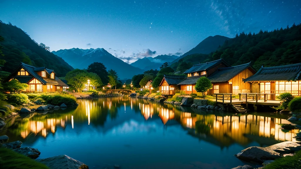 Landscape painting、Japanese village scenery、Photo Style、night、