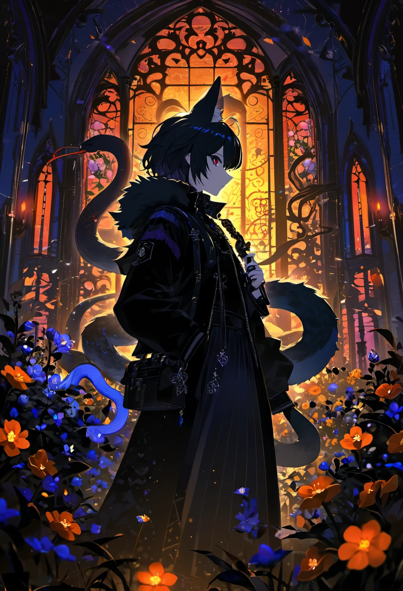 (best quality, high resolution, ultra-detailed)silhouett(kemono, furry anthro)holding striking pocket watch, surrounded by flowers, snakes and darkness, illustrative rendering, intricate details, mysterious atmosphere, vibrant colors, dynamic lighting , Gothic style,