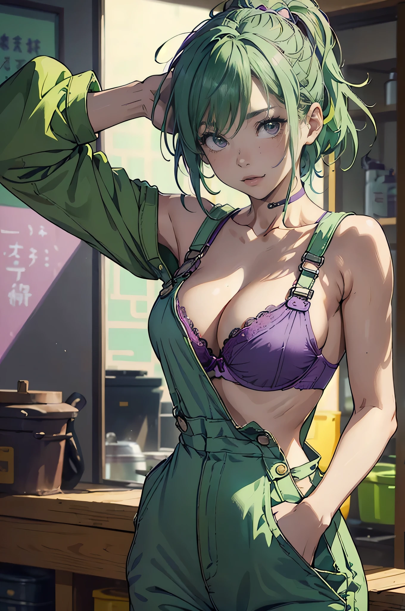 (Disheveled Hair), ((1 female,Kung Fu Master, Pastel Green,Wearing work overalls, The top half of the work overalls is off., Purple gorgeous detailed bra, Sensual,))