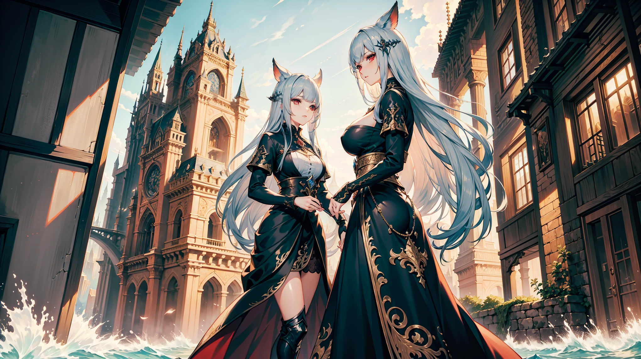 (masterpiece:1.2), extremely intricate details, ff14style, dynamic painting, depicting a bustling city with a majestic bridge spanning wide rivers, surrounded by towering giant mushrooms. The vast landscape bursts with vivid colors. A woman, red eyes, silver hair, mature, in her thirties, wavy hair
