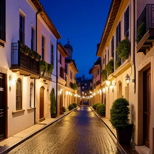 a street with several luxurious Jewish houses, busy streets.