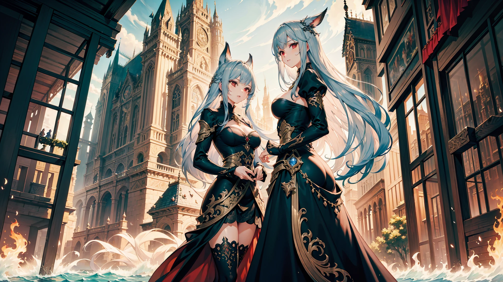 (masterpiece:1.2), extremely intricate details, ff14style, dynamic painting, depicting a bustling city with a majestic bridge spanning wide rivers, surrounded by towering giant mushrooms. The vast landscape bursts with vivid colors. A woman, red eyes, silver hair, mature, in her thirties, wavy hair