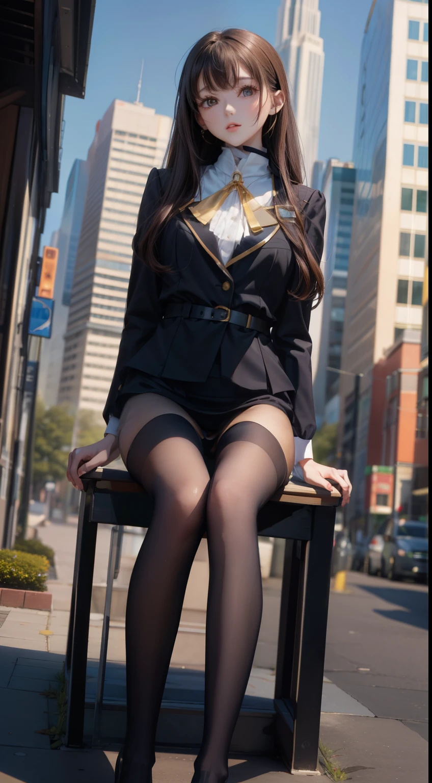 highest quality, Full body portrait, Delicate face, Pretty face, 25-year-old woman, Slim figure, Medium chest、, OL Uniform, Office Clothes, Black Stockings, Outdoor Scene, Seating position、Perfect proportions、Perfect beauty、Second dimension beautiful girl
