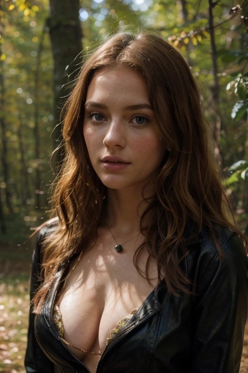 Bright, strawberry blonde-haired, with freckles. 30-year-old with a 38-inch bustline and full lips, green eyes, wearing a black leather jacket and amber strands and beads. The sun, the autumn forest, fantastic beauty. Curls. Wearing a boho summer dress. Ultra-detailed dreamlike photography in 8K resolution image, translucent and ethereal.