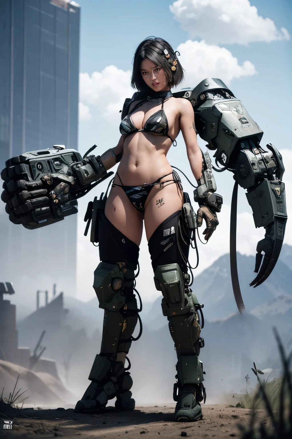 Beautiful woman in a slingshot bikini with camo patterns, mechanical bikini with camo patterns, tattered military gear, mechanized soldier girl, oversized mechanical exoskeleton oversized robotic gauntlet arms and robotic boots legs with camo patterns, inspired by Masamune Shirow, girl in mecha armor with camo patterns, mechanized valkyrie girl, cushart kenz, cool mecha style, bikini-armor with camo patterns, infantry girl, Bare Skin, Athletic Well Toned Body, sweaty skin, Barely Clothed, cammo patterns, Beautiful Face, dieselpunk Theme, Fiverr Dnd Character, Octane Render, Digital Art, Extreme Detail, 4k, Ultra Hd, Polished, Beautiful, Hyperdetailed, Intricate, Elaborate, Meticulous, Photorealistic, Sharp Focus, Wlop, Character Design, Unreal Engine, 3d Rendered, Volumetric Lighting, Reflections, Glossy, Digital Illustration, Pose, Suggestive Pose, Lewd, Full Body Shot, naked, vissible nipples, puffy vagina, anatomically correct 💖❤💕💋