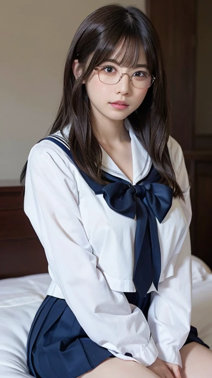 Sitting with legs crossed,1 girl, Very bright backlight,alone, {Beautiful and detailed}, Photo lying in bed, Very beautiful big (Huge breasts:1.5) And a small waist ((Press the chest)) 、Big Breasts,Calm expression, Natural soft light,, Delicate features, Blunt bangs, Beautiful Japanese Girl, 18-year-old, ((Seductive pose)), attractive figure,(Blonde), Light grain, Real Hands, masterpiece, highest quality, Realistic, Very detailed, In detail, High resolution,Beautiful Hair, Perfect dynamic composition, Beautiful and beautiful eyes, Japanese Idols,((I'm nervous and embarrassed)),Sharp focus, beauty mix, (Sailor suit:1.3),Movie Girl,Exhibitionism,shirt,skirt,Showing off,Long Hair,Curly Hair,shame,Glasses,Sensational,intellectual,glossy