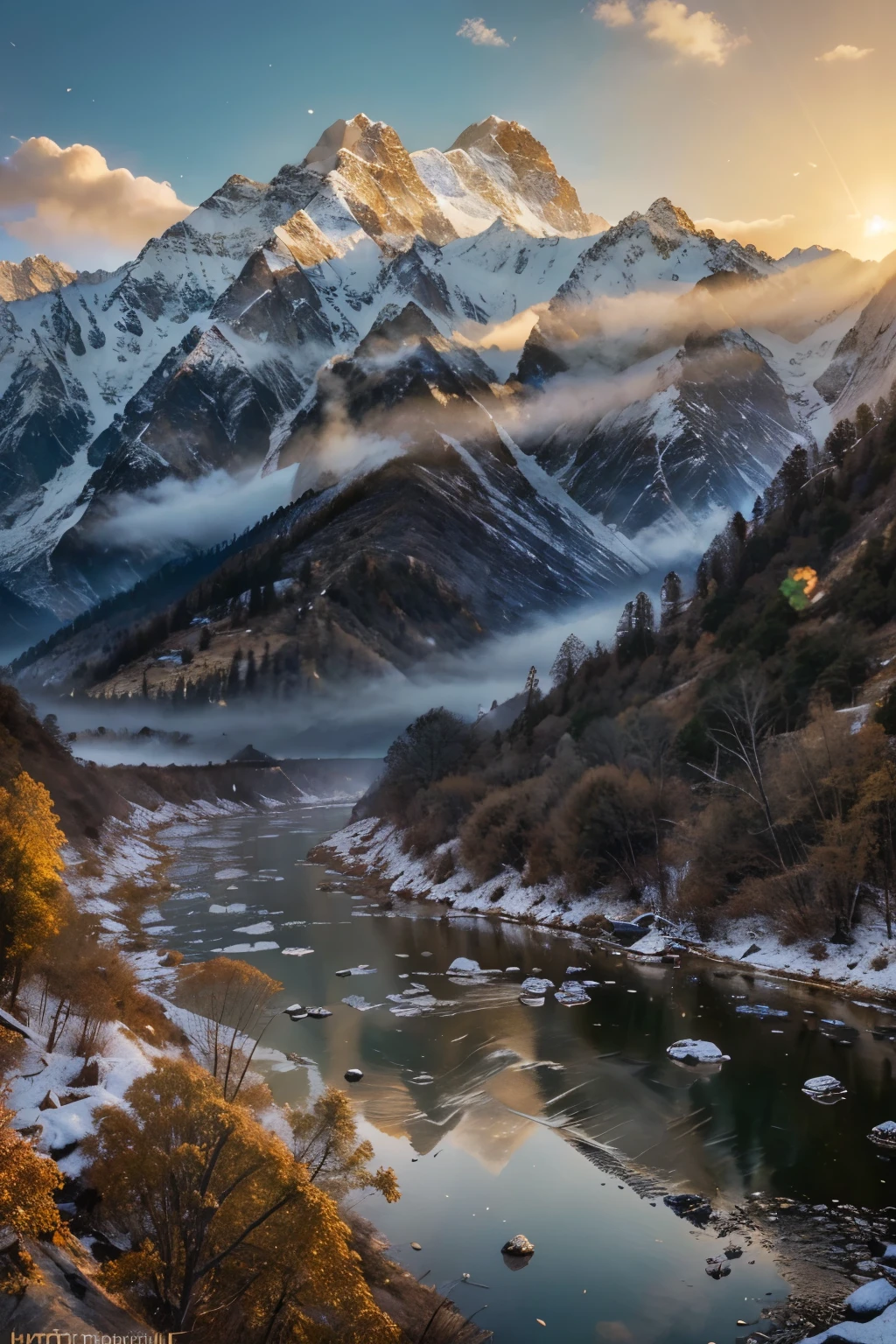 Immerse yourself in the otherworldly beauty of Uttarkashi's mountains and Harshil Valley, where hyper-realistic imagery transports you to a realm of surreal wonder (best quality, ultra-detailed: 1.5), (golden hour: 1.2), (HDR: 1.3),
The magnificent Himalayan peaks, shrouded in mist and draped in snow, rise majestically against a backdrop of cloud-painted skies (dramatic lighting: 0.8), (intricate details: 1.4), (photorealistic: 1.6),
Sunlight filters through the