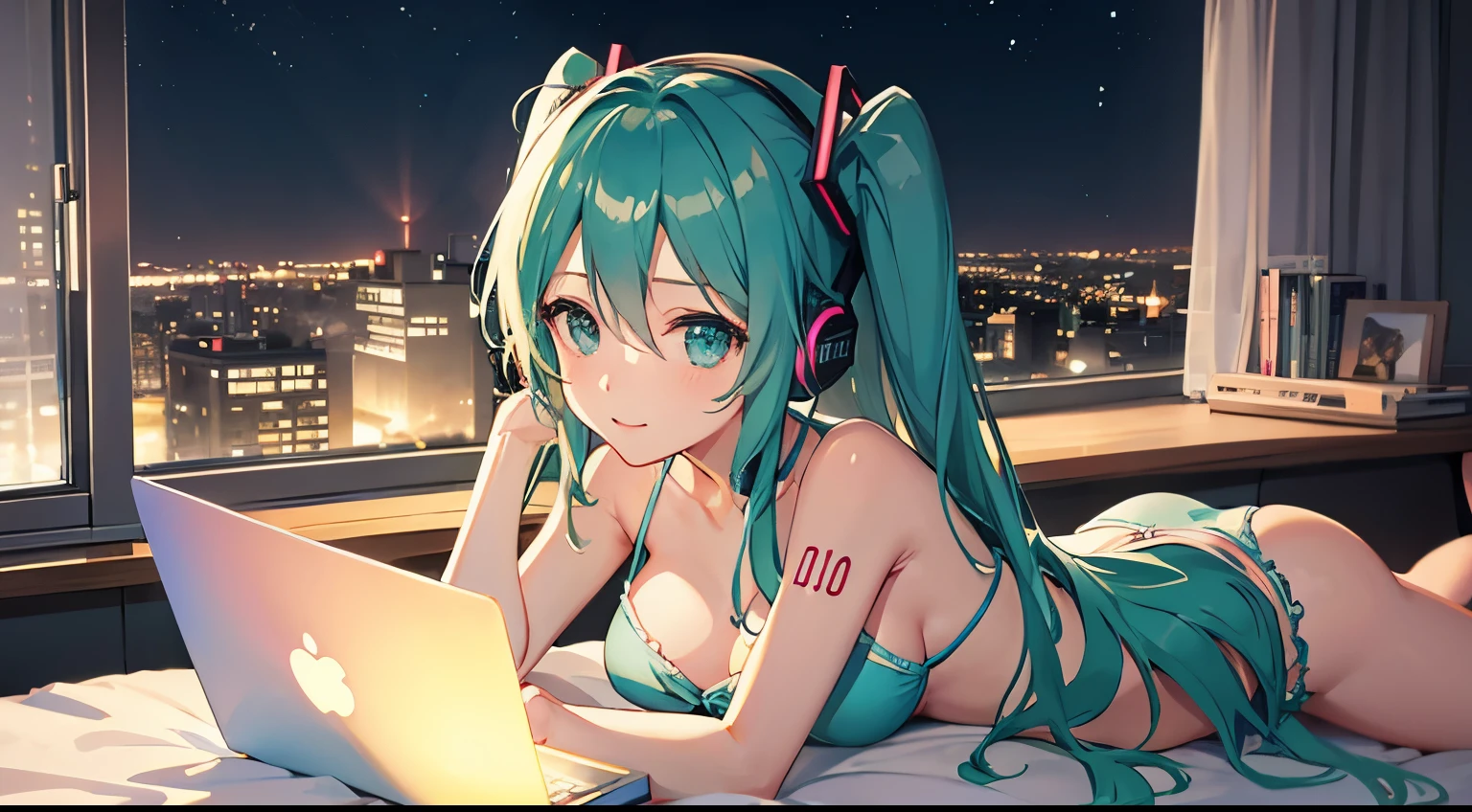 In bed with headphones、Studying on a laptop、Hatsune Miku in a bikini、Beautiful night view outside the window