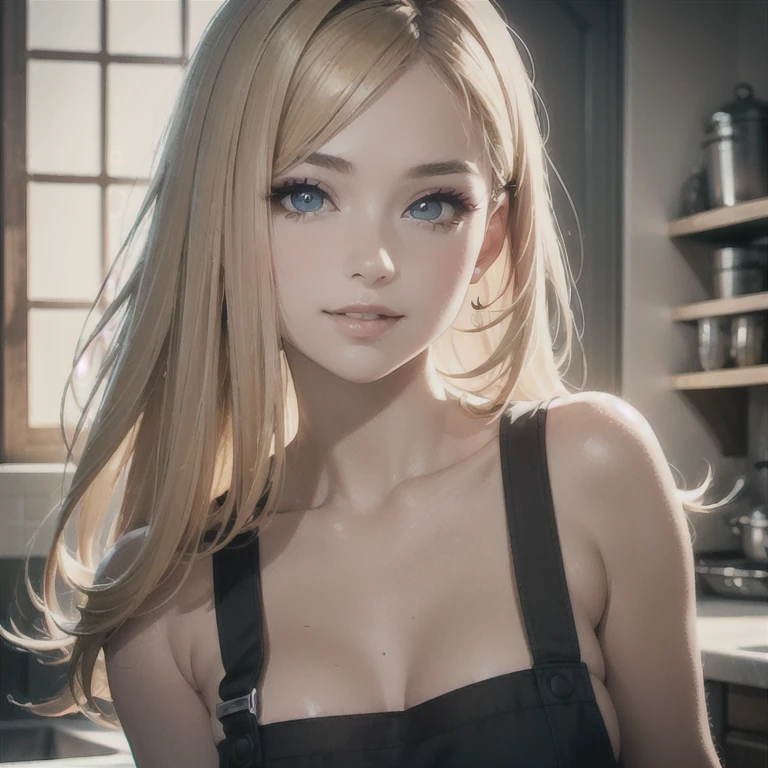 (Best quality,ultra detailed,photorealistic:1.37),bright and rich colors,studio lighting,playful facial expression,stylish makeup,Long blonde hair fluttering in the wind,inviting eyes,glossy lips,sexy pose,nude apron, kitchen, I smile confidently and seductively,posing for a professional photo shoot,shallow depth of field,highlighting the main subject,soft natural lighting,Creating a dreamy and magical atmosphere.