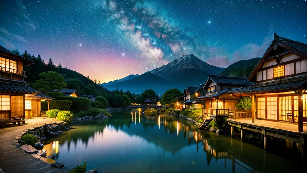 Landscape painting、Japanese village scenery、Photo Style、night、Star of the sky、