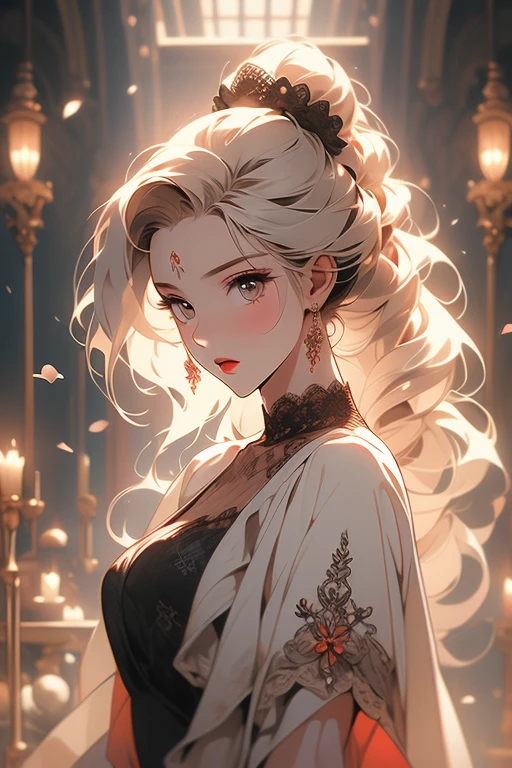 1girl, golden hair, resting in a chair, vampire, opulent dress, red eyes, smiling, victorian style room, portrait, moon