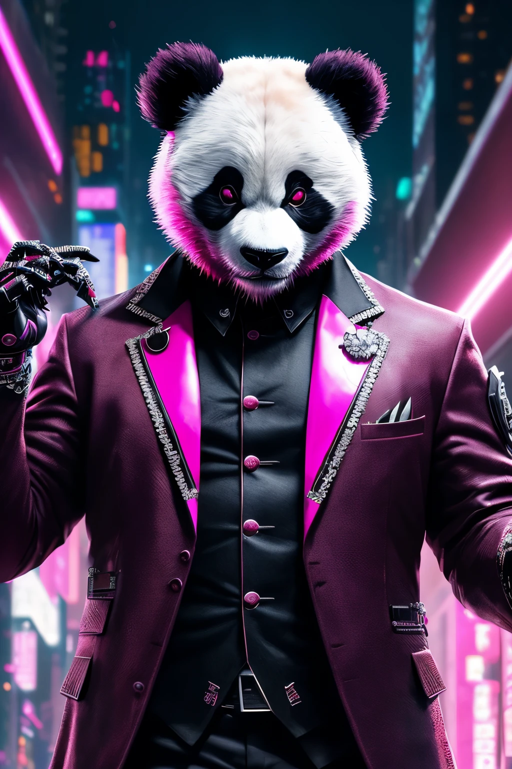 (extremely detailed 8k wallpaper), a medium shot photo of pink cyberpunk Grim dressed as a panda in a suit made of metal from marvel, horror theme, intricate, high detail, dramatic