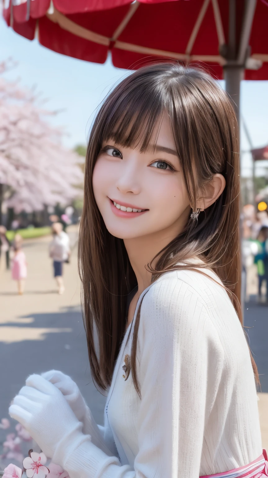 one girl, (a beauty girl, delicate girl:1.3), (:1.3),
break, (spring, Colorful clothes:1.3),
break, (amusement park:1.3), (Cherry blossoms fall:1.3), (wool gloves), perfectly trimmed fingers,
break, Extremely fine resolution, (Symmetrical eyes:1.3),
break, Small breasts, Brown eyes, parted bangs, brown hair, girl,
break, (Eye and facial detai), (Get closer to the face, Make your face bigger, Face Focus:1.0),Face close-up,
break, (masterpiece, highest quality, Very detailed, Detailed face, 8k),SakuraFubuki,Cherry blossom petals,smile,Random Pause、blue eyes、white gloves,ponytail、SakuraFubuki、gloves、break,look back,smile、closeup shot , (masterpiece、highest quality、Official Art:1.2)、(colorful)、Seeing the viewer、1 girl、Portraiture、alone、Colorful floating objects 、peekaboo、touching hair、balloon、amusement park、festival、White dress、Hurrah!、Raise your hand