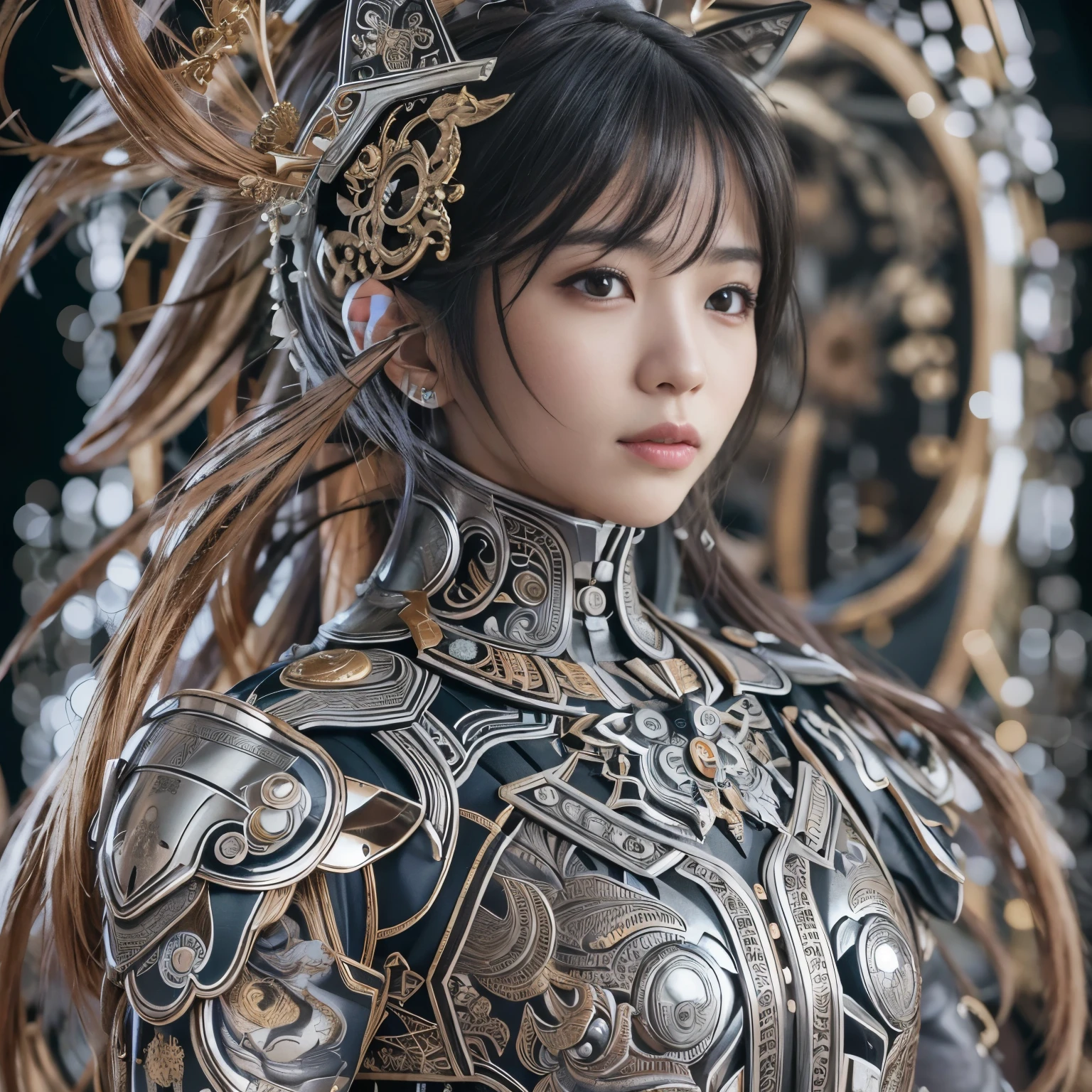 (masterpiece, best quality:1.2), (8k uhd, 16k, 32k, ultra high res), (photorealistic:1.37), (RAW photo), ultimate-realistic, ultimate-realistic details, ultimate-realistic texture, ultimate-intricate details, ultimate-realistic lighting, ultimate-realistic shadow, japanese girl, ultimate-cute face, ultimate-RAW skin, ultimate-realistic eyes, Japanese woman in wooden silver power suit, mechanical, black accents, ultimate intricate detail, wood texture, photorealistic, full body shot