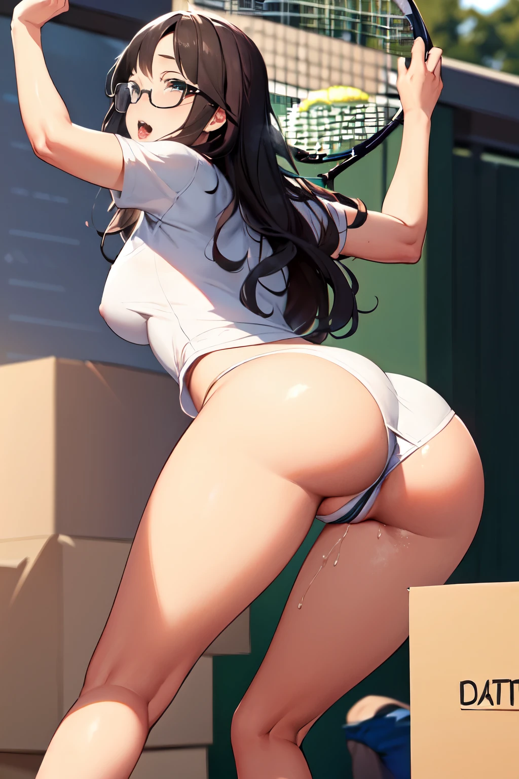 nsfw,(software:1.5), (Tennis Wear、Skort)、Dark brown wavy long hair、Droopy eyes, Thick thighs, Such an ass, Liar, bed, Open crotch, Dettol, Spread your legs, Show your side, Down the Out、Tears are overflowing、Glasses、(Dynamic pose)、(Moving hard:1.7)、Untidy body、Dynamic Angles、Turning around