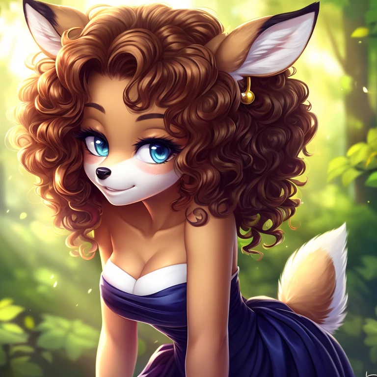 White fur, deer, curly hair, strapless dress, cleavage, high resolution, earrings,