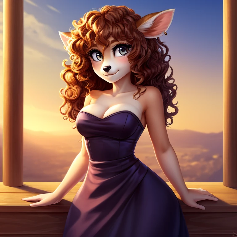 White fur, deer, curly hair, strapless dress, cleavage, high resolution, earrings,