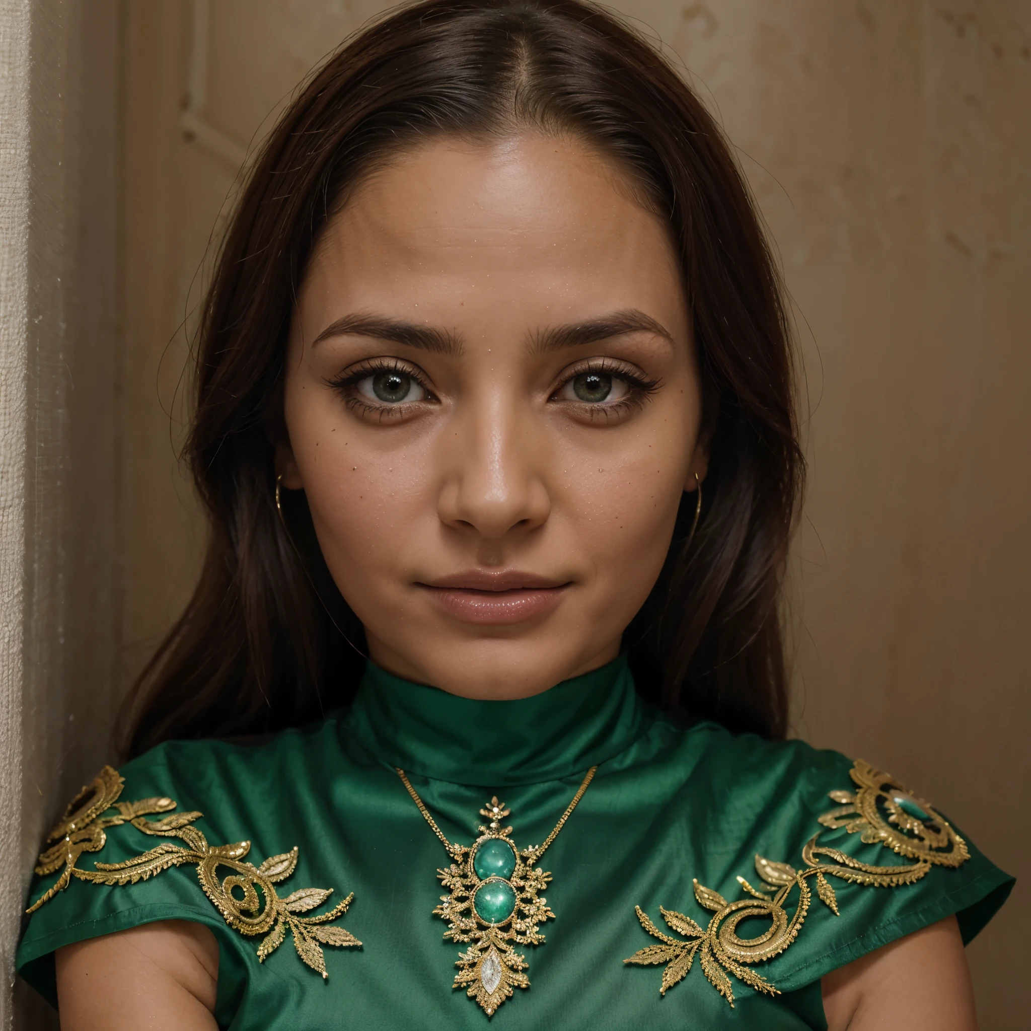 brunette woman with green eyes, she wears a veil like at the time, it is green, she is Kabyle, she wears Kabyle jewelry and tattoos, she looks at the camera