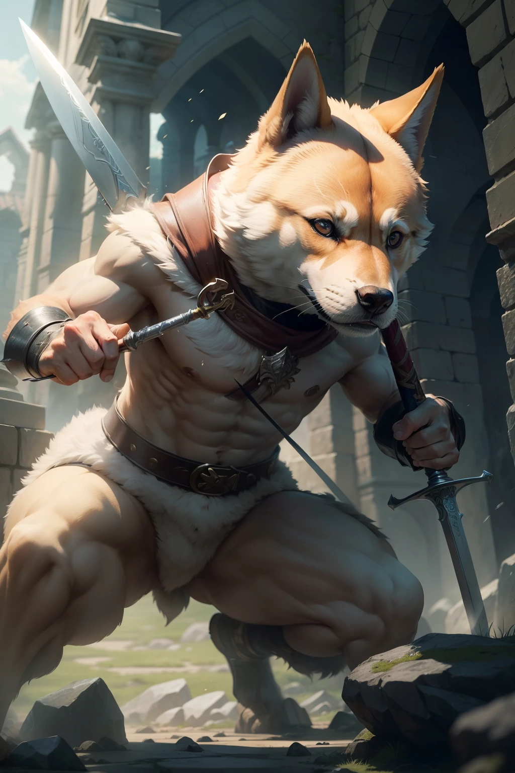 Doge, with determination in his eyes and a noble expression on his face, makes an earnest attempt to pull out the legendary Excalibur sword from its stone. With a mighty heave, he strains every muscle in his body, but alas, the sword remains stubbornly embedded within the ancient stone. Sweat drips from his muzzle as he grunts in frustration, his tail wagging in excitement and disappointment at the same time. He can feel the power of the sword within reach, yet it remains elusively out of his grasp. Doge's determination never wavers, and he continues to tug at the sword, knowing that one day, he will succeed. However, for