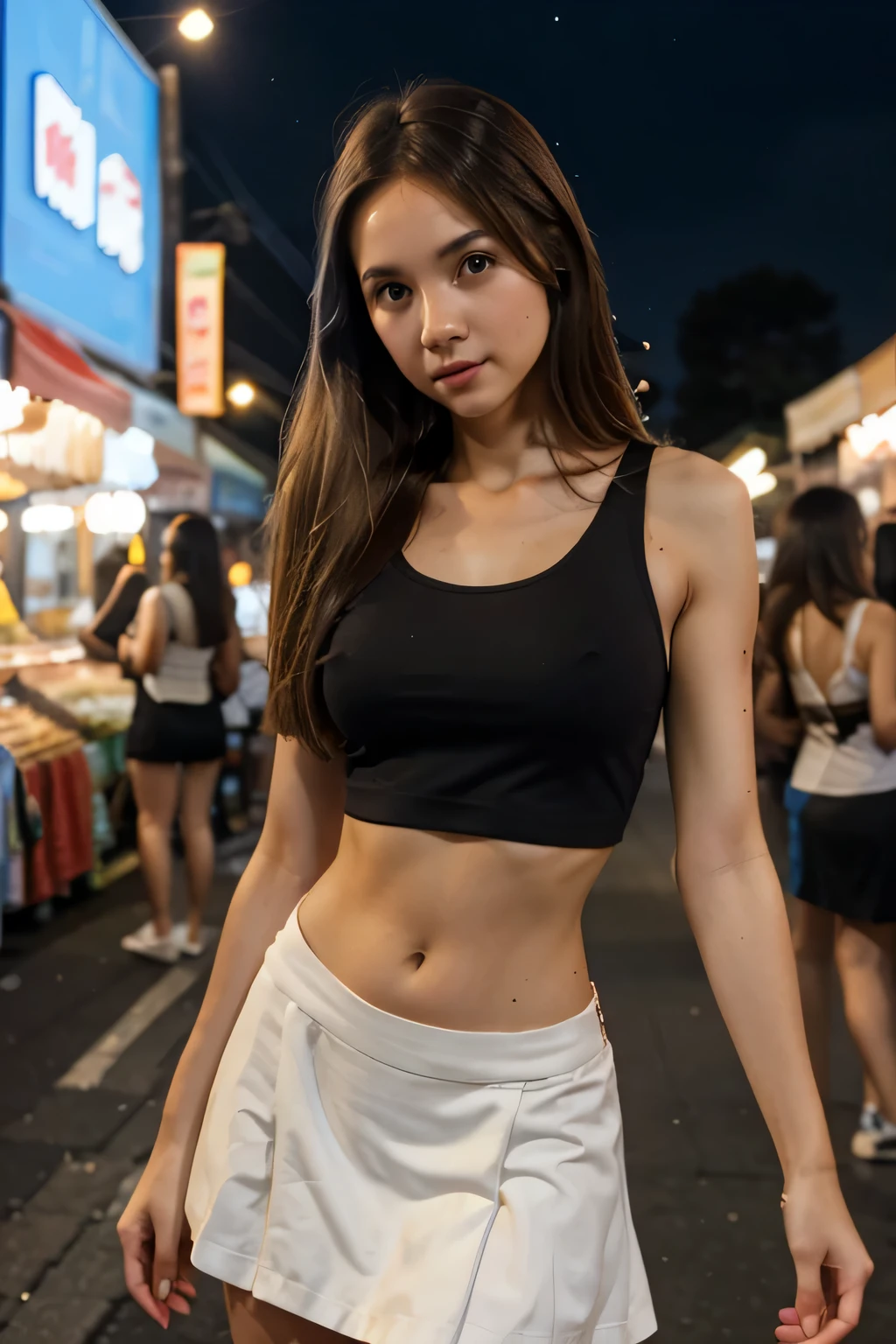 Realistic, 1 girl, long brown hair, slim body,slim face, white skirt, tank top, city street, night market, bokeh,