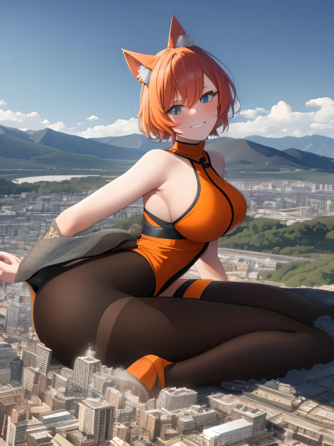 masterpiece, best quality, extreme detailed,1 girl ,gigagts, litle city, on bed:0.5, lying, grin,smile, blush,large breasts,little city,little buildings, little skyscrapers, destruction, sitting on little city, view from behind,sky,day, hands,cat ears, cat tail,looming,pov,orange color short hair, transparent leotard,masterpiece, best quality, absurdres, ultra detailed,mountain ,horizon,skyline