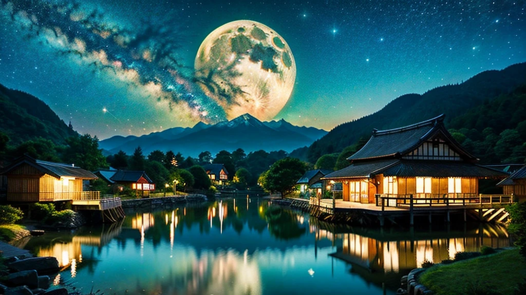 Landscape painting、Japanese village scenery、Photo Style、night、Star of the sky、Big Moon、