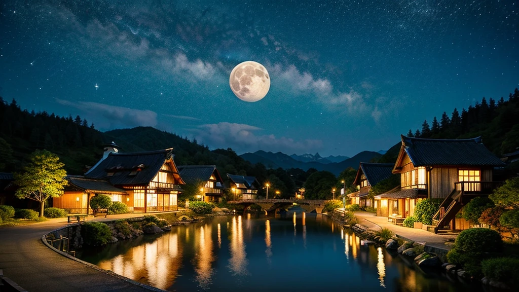 Landscape painting、Japanese village scenery、Photo Style、night、Star of the sky、Big Moon、