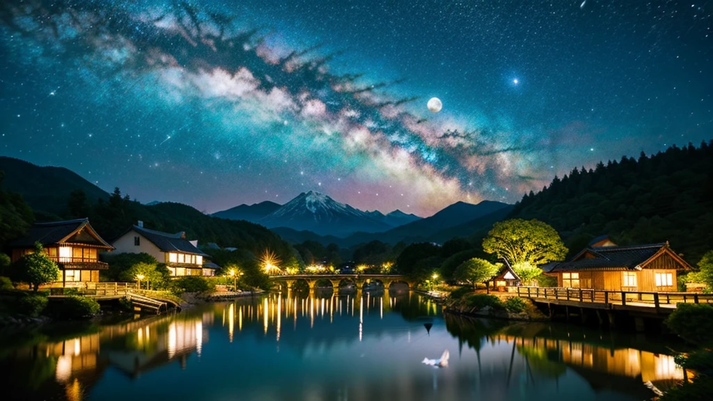 Landscape painting、Japanese village scenery、Photo Style、night、Star of the sky、Big Moon、