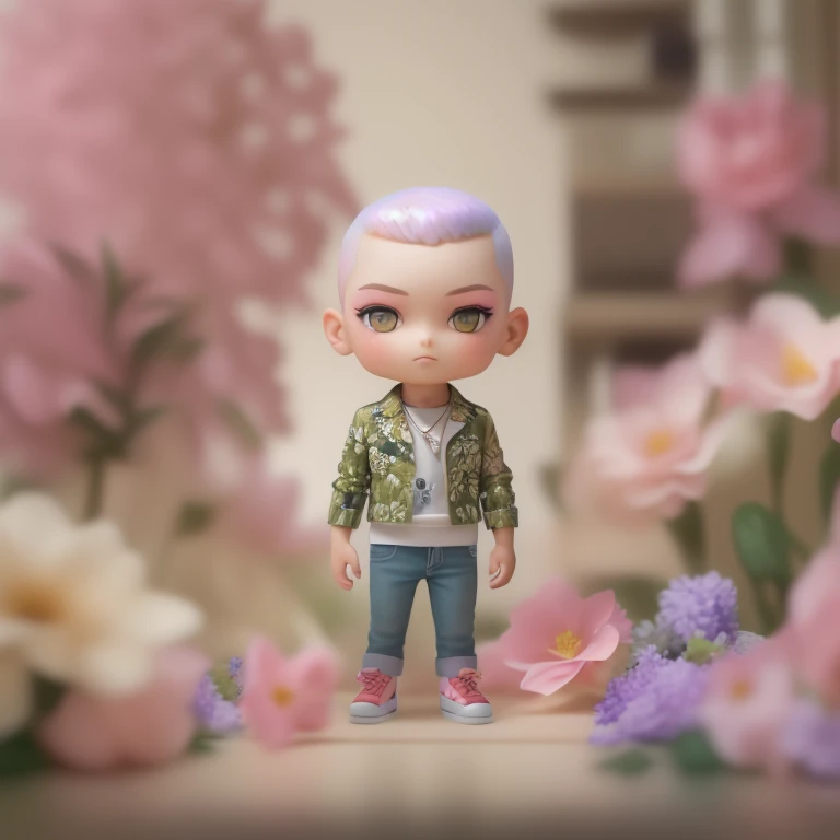 Candid pop mart blind box, collectable toy, (full-body:1.4) of mixed  male supermodel, big prince eyes, natural freckle, (silver-pink hair color, (buzz cut hairstyle), symmetric face, olive skin tone, realistic PVC texture, fine luster, he embodies youthfulness, athleticism, and he exudes a unique allure, exotic face, ((wear Topical flower print Hawaii shirt with Jean, inspire by Kim Jones, Dior Homme)), (pastel, earth tone colors), (standing at neutral background), Captured in a full-body pose with dynamic angle, the focus of the photo is on his captivating presence and the intricate details of the surroundings, he photo is taken with a Canon EOS 5D Mark III with a 50mm f/1.8 lens, f/2.2 aperture, shutter speed 1/200s, ISO 100, and natural cinematic light,  by Thomas Synnamon, professional photographer, Employing three-point lighting and incorporating 3D animation shadows enhance the models' features and add depth to the composition. chibi, cute, 3d render, OC render, 3d model, blender render, good lighting, ultra detail, 8k , seductive lighting, intricate details,