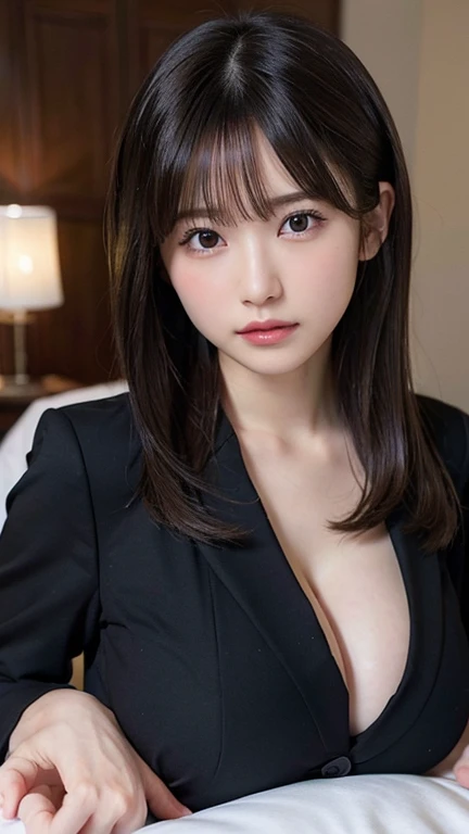 Sitting with legs crossed,1 girl, Very bright backlight,alone, {Beautiful and detailed}, Photo lying in bed, Very beautiful big (Huge breasts:1.5) And a small waist ((Press the chest)) 、Big Breasts,Calm expression, Natural soft light,, Delicate features, Blunt bangs, Beautiful Japanese Girl, 18-year-old, ((Seductive pose)), attractive figure,(Blonde), Light grain, Real Hands, masterpiece, highest quality, Realistic, Very detailed, In detail, High resolution,Beautiful Hair, Perfect dynamic composition, Beautiful and beautiful eyes, Japanese Idols,((I'm nervous and embarrassed)),Sharp focus, beauty mix, (Black suit:1.3),Movie Girl,Exhibitionism,Showing off,Semi-long hair,Curly Hair,,shame,Glasses,intellectual atmosphere,OL,shirt,skirt,Button open,glossy,sexy