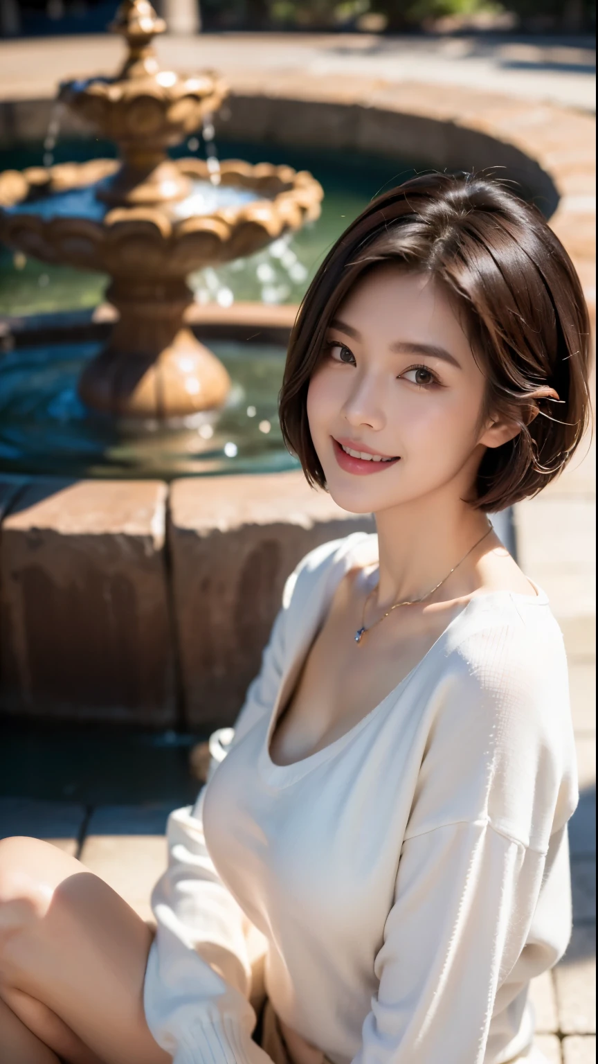 (highest quality, 8k, 32k, masterpiece, Ultra-high resolution:1.2),Beautiful Japanese Women Photos, Large Breasts, very short bob hair,whole body,White sweater, necklace, Simple Background, From above, View audience,smile、(In front of the fountain in the park:1.2)、(sunset:1.4)