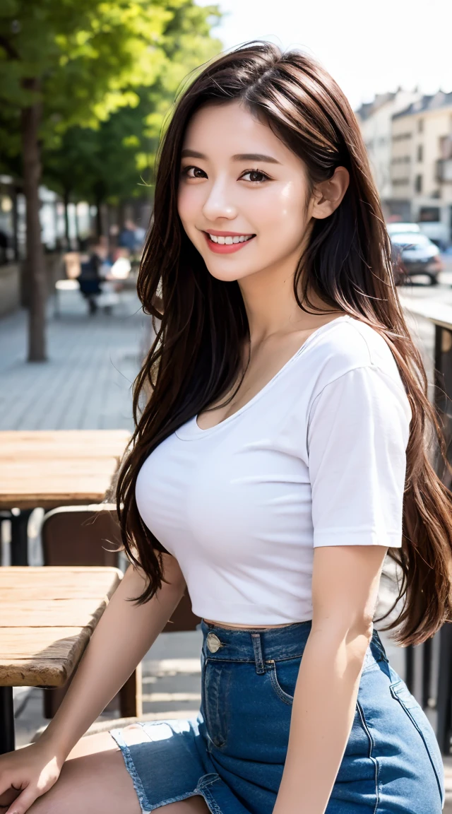 1 girl,(Black semi-long hair)(beautiful hair), actor, Smile, Glowing skin, best quality, masterpiece, (Reality:1.4), Terrace Seating, Europe, France, Paris, Denim Mini Skirt (Realistic fabrics), White short sleeve (Cotton fabric)，Transparent breast, (No logo),