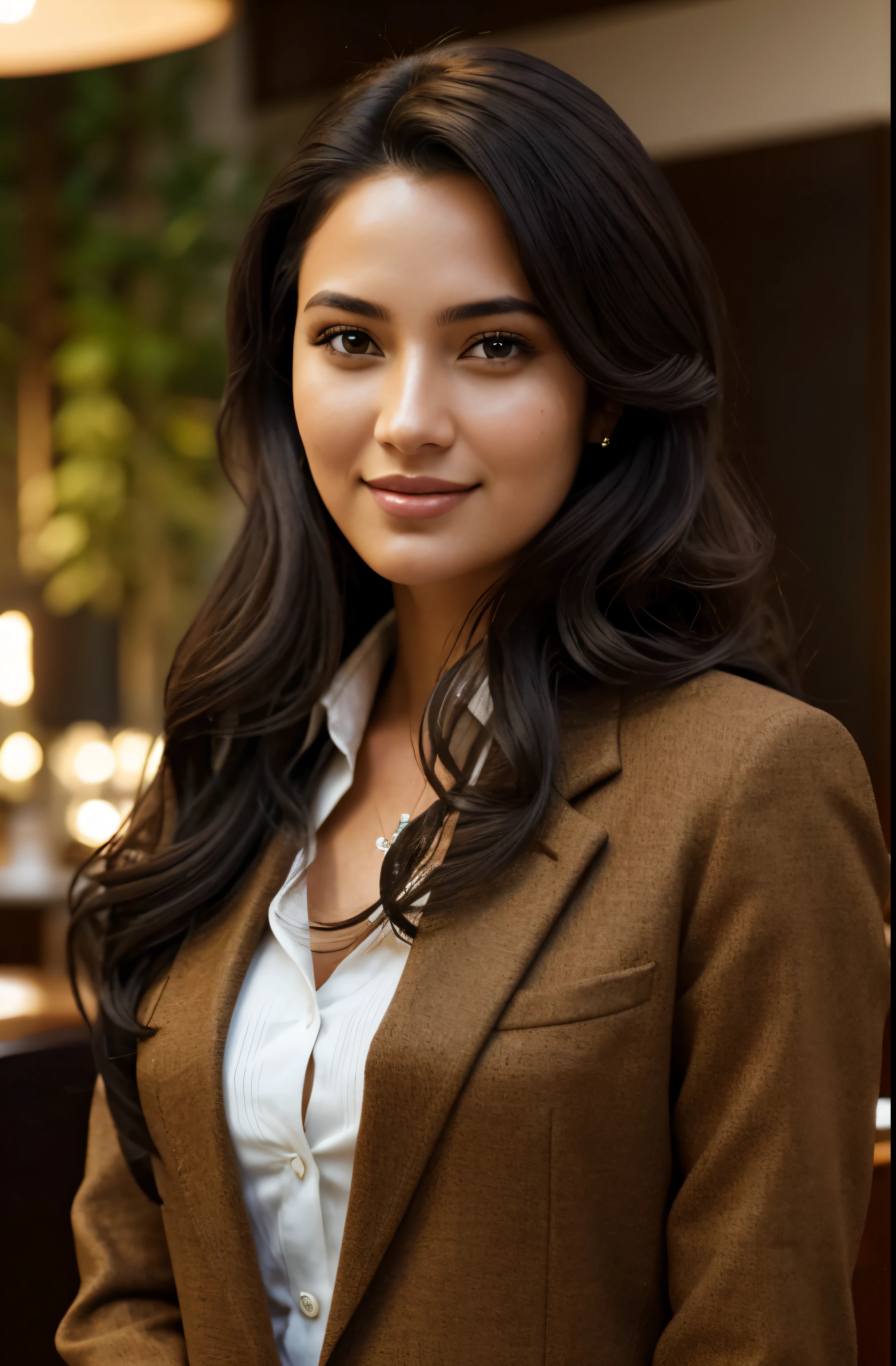 1 adult female, Long hair, curls, Black hair color, Smooth skin, Brown eyes, Smile, vegetation, accidental, businesswoman style clothes, light brown blazer, Realist, High-end restaurant background, 8k super Realist, super detalhado e Realist