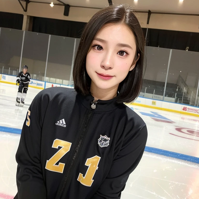 (kawaii 24year-old Japanese girl, Nogizaka idol, Korean idol), female ice hockey player, (glossy black hair, very short hair:1.3), (rounded face, black eyes, single eyelid, no makeup, soft smiling:1.2), (wearing long sleeved ice hockey jersey:1.5), ice hockey gloves, ice hockey helmet, (flat chest, extra small breasts:0.8), (looking at viewer:1.2), BREAK, (skating at ice skate arena, active atmosphere:1.3), (view from forward, bust shot, face focus:1.3), BREAK, (masterpiece, best quality, photo realistic, official art:1.4), (UHD, 8K quality wallpaper, high resolution, raw photo, golden ratio:1.3), (shiny skin), professional lighting, physically based rendering, award winning, (perfect anatomy, highly detailed skin, extremely detailed face and eyes:1.2), Carl Zeiss 300mm F/2.8, depth of field, 1girl, solo, nhl player, national hockey league player,