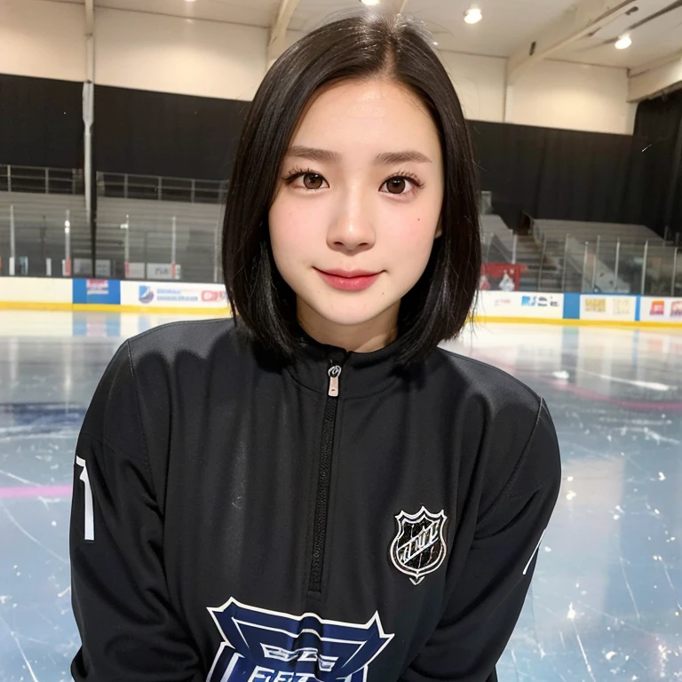 (kawaii 24year-old Japanese girl, Nogizaka idol, Korean idol), female ice hockey player, (glossy black hair, very short hair:1.3), (rounded face, black eyes, single eyelid, no makeup, soft smiling:1.2), (wearing long sleeved ice hockey jersey:1.5), ice hockey gloves, ice hockey helmet, (flat chest, extra small breasts:0.8), (looking at viewer:1.2), BREAK, (skating at ice skate arena, active atmosphere:1.3), (view from forward, bust shot, face focus:1.3), BREAK, (masterpiece, best quality, photo realistic, official art:1.4), (UHD, 8K quality wallpaper, high resolution, raw photo, golden ratio:1.3), (shiny skin), professional lighting, physically based rendering, award winning, (perfect anatomy, highly detailed skin, extremely detailed face and eyes:1.2), Carl Zeiss 300mm F/2.8, depth of field, 1girl, solo, nhl player, national hockey league player,