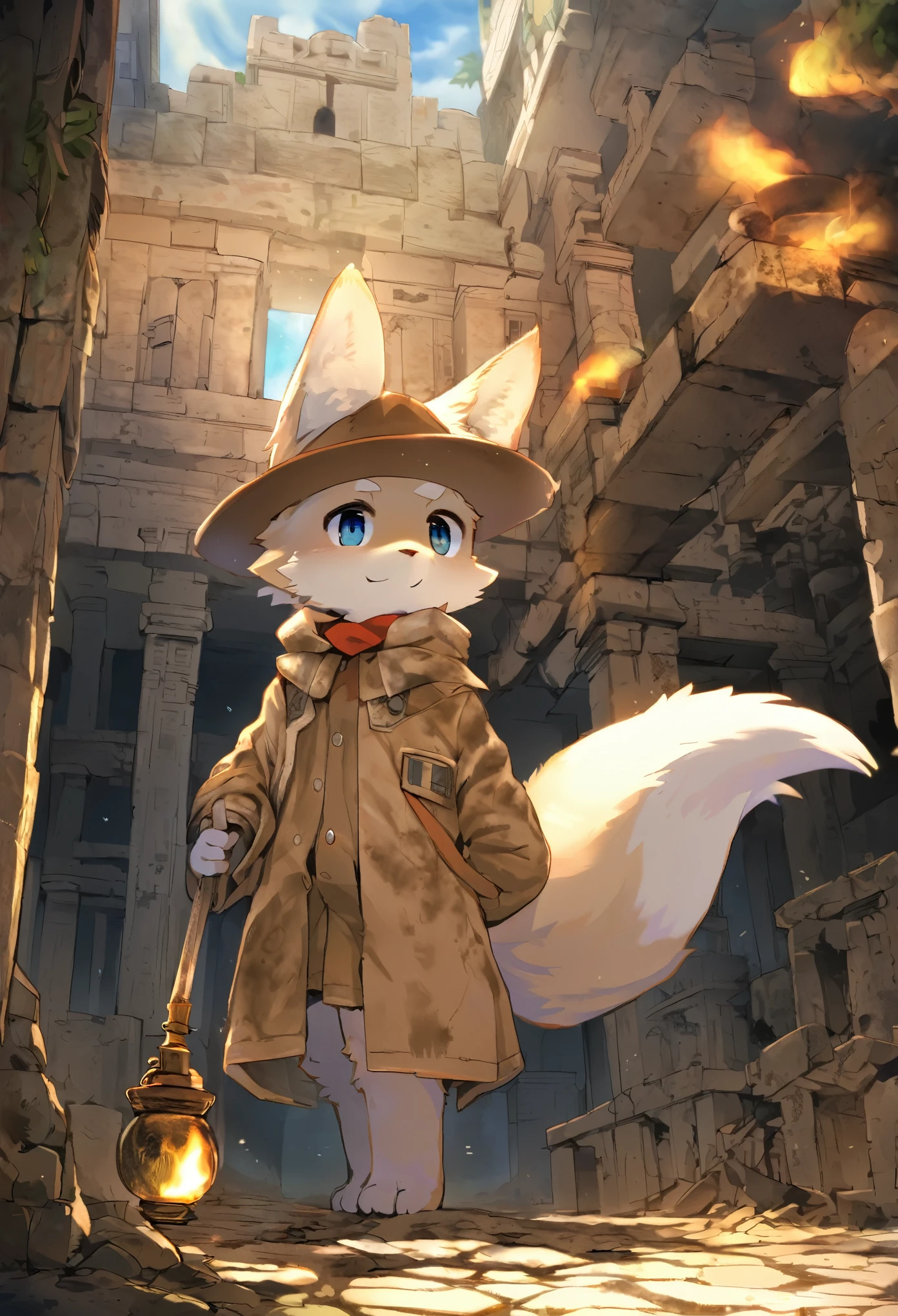 top quality, best quality, masterpiece, super high resolution, detailed background, Old Ruins, Dungeons(highly detailed beautiful face and eyes)absurdres, perfect anatomy(handsome 1boy, kemono, solo focus, labo coat)(furry)(furry anthro:1.7)(Furry body, fox facial features, fox body features)(very detailed body fur)full body, Dirty Coat and Hat, holding Torch,