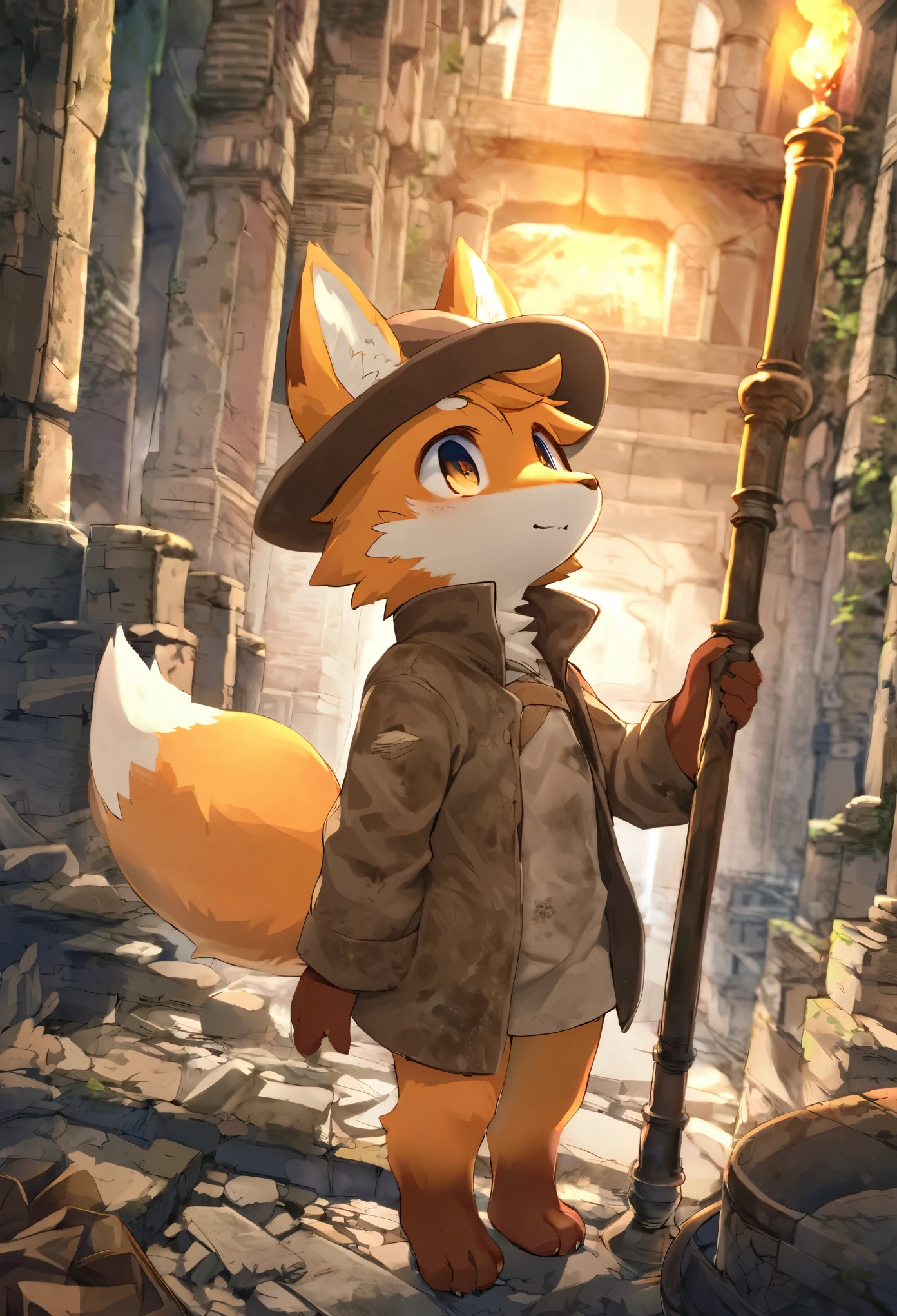 top quality, best quality, masterpiece, super high resolution, detailed background, Old Ruins, Dungeons(highly detailed beautiful face and eyes)absurdres, perfect anatomy(handsome 1boy, kemono, solo focus, labo coat)(furry)(furry anthro:1.7)(Furry body, fox facial features, fox body features)(very detailed body fur)full body, Dirty Coat and Hat, holding Torch,