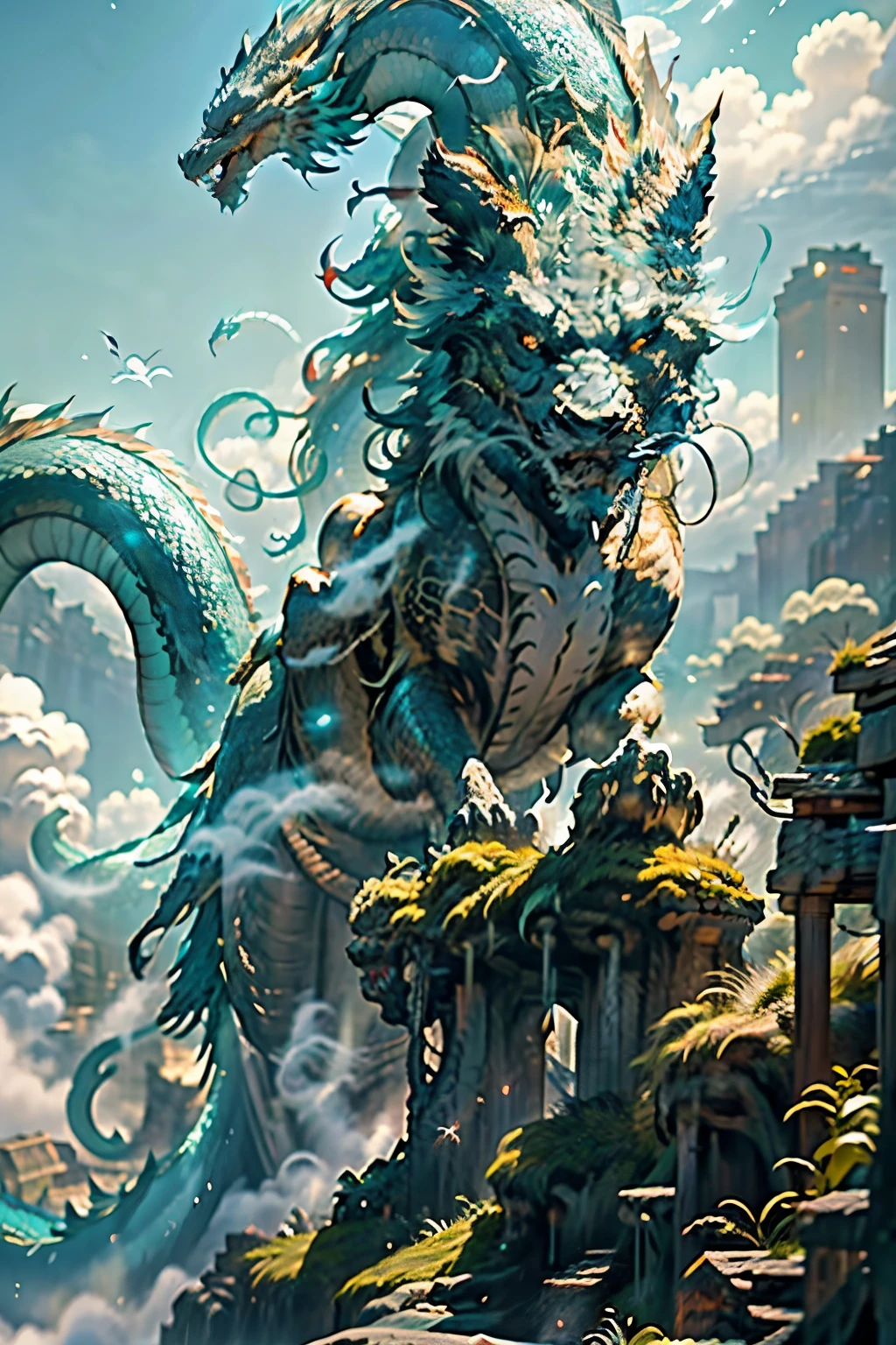 A majestic dragon, its iridescent scales shimmering in the sunlight, soars gracefully through the vast, azure sky. Its powerful wings beat rhythmically against the wind, creating gusts that rustle the leaves of the trees below. The dragon's long, serpentine tail trails behind it, leaving a trail of smoke in its wake. Its fierce, golden eyes survey the land below, and its mighty roar echoes through the valley, striking awe into the hearts of all who bear witness to its magnificent flight.