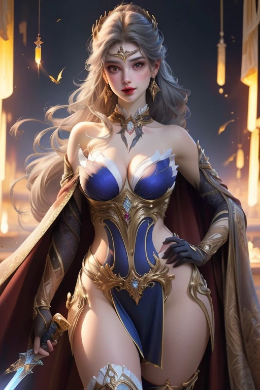 ((best quality)), ((masterpiece)), (detailed), perfect face,((best quality)), ((masterpiece)), (detailed), perfect face, girl 16 year oldy hair, yellow eyes, single thighhigh, thigh strap, long sleeves, clothing cutout, capelet, gloves, looking at viewer, hand on hip, mature female,gigantic breasts,big ass,white skin, jewelry, tight suit,blue red and black dress,black and blue armor,8k, super detail, ccurate, best quality,half naked,tight socks, detailed eyes, earrings, sleeveless,hair bun,cackle,stick her butt up towards the viewer,holding the holy sword,forehead jewelry,bare shoulder,breasts and buttocks are almost naked