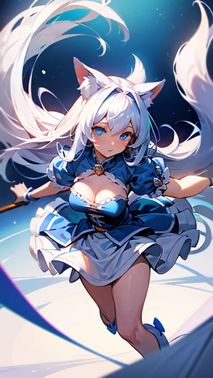 best quality,4k,highres),ultra detailed,realistic:1.37, masterpiece, White hair, long hair, blue eyes, medium breasts, large magical collar, slave, fox girl, thickly furred tail, servant, sexy, cute, confident look, revealing outfit, white and blue dress,  white dress, ta dress, knee length dress, frilly dress