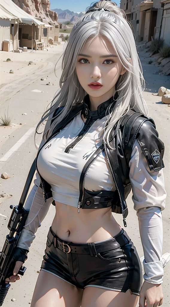 Photorealistic, high resolution, 1womanl, Solo,The background is in the desert, looking to the camera, (Detailed face),(detailed fingers),White hair, anger expression,SWAT vests, Gun, With black gloves,Fingers are occluded,exposing your navel