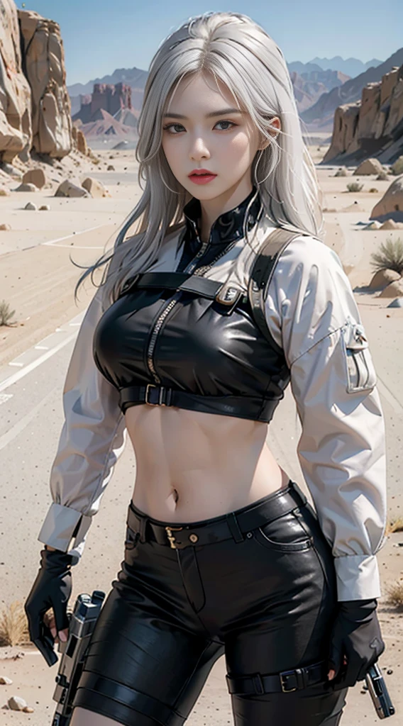 Photorealistic, high resolution, 1womanl, Solo,The background is in the desert, looking to the camera, (Detailed face),(detailed fingers),White hair, anger expression，SWAT vests, Gun, With black gloves，Fingers are occluded，exposing your navel